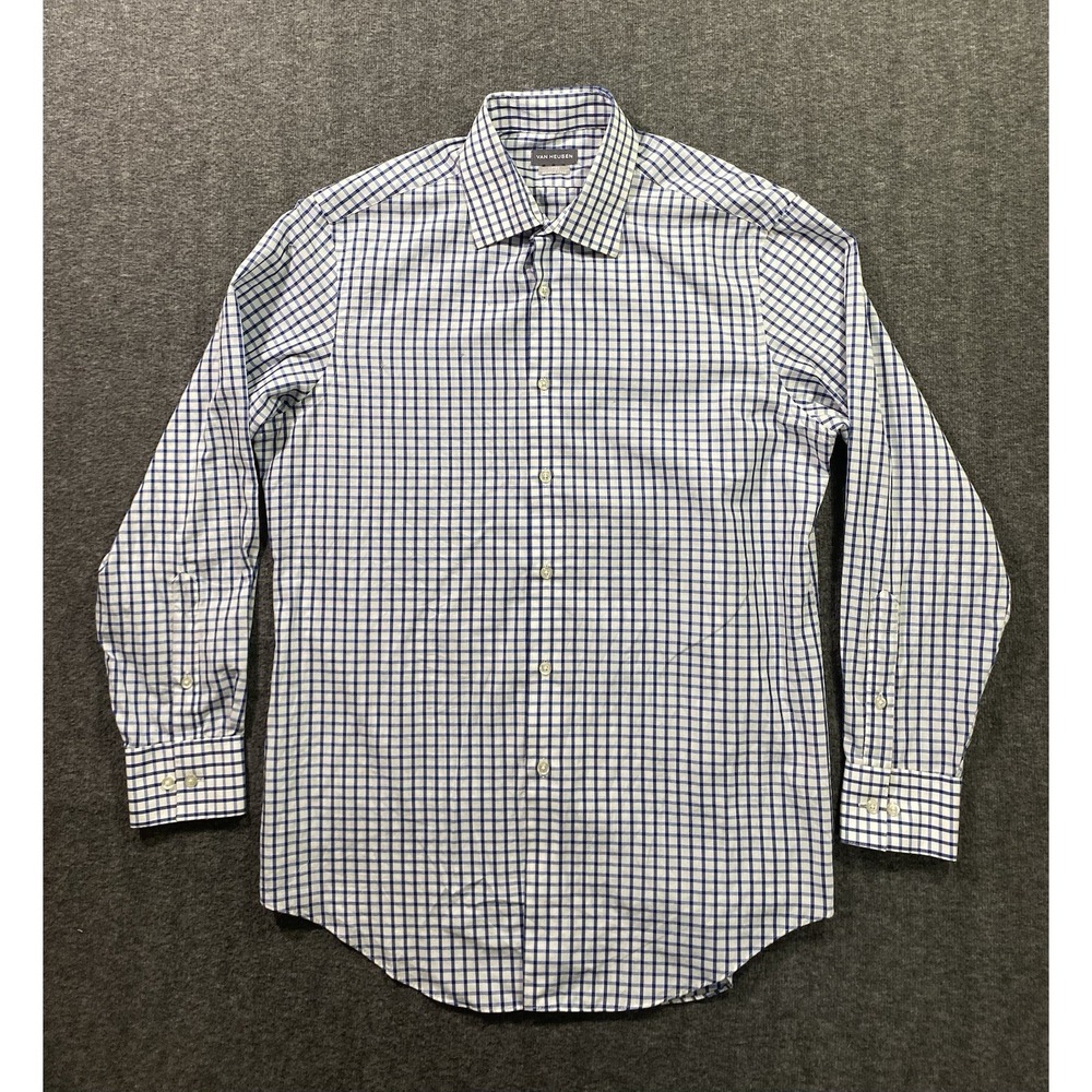 Van Heusen Dress Shirt Mens Blue Plaid Traveler Button Up Size M-15-1/2-32/33